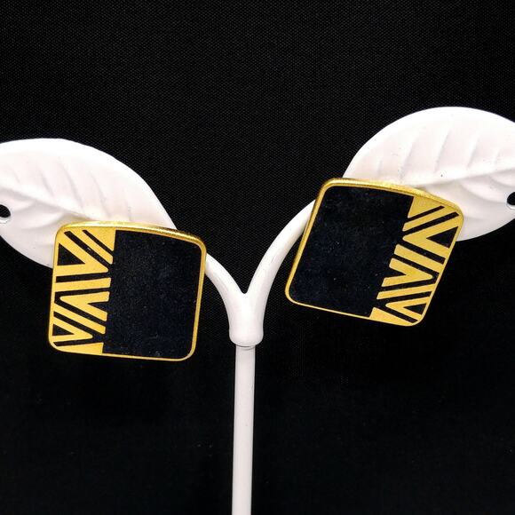 Laurel Burch "Naito" Post Earrings, Black Cloisonné, Gold Plated, 1980s Vintage - Picture 2 of 10